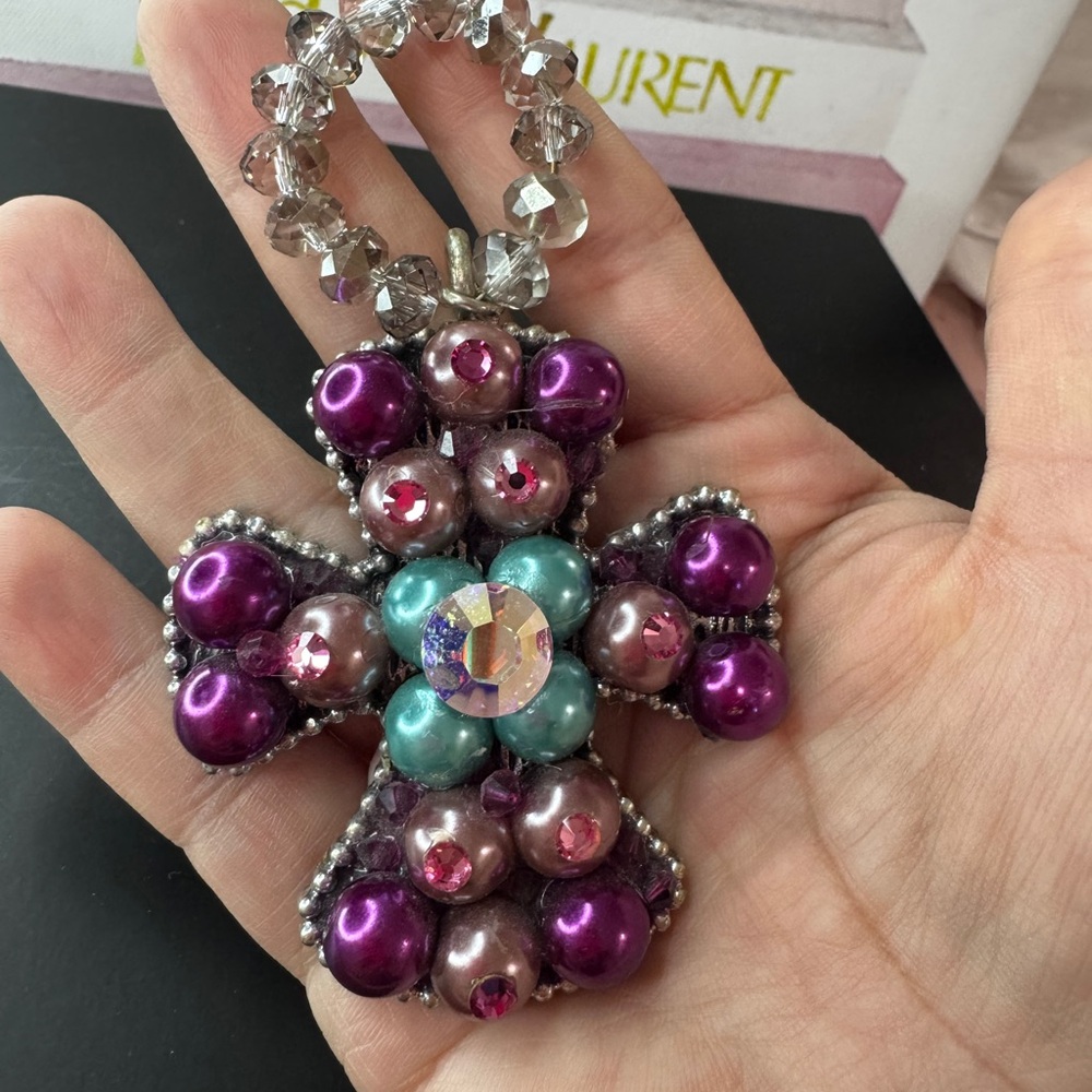 Vintage Beaded Cross Pendant with Crystal Bead Loop – Statement Jewelry - Picture 4 of 5